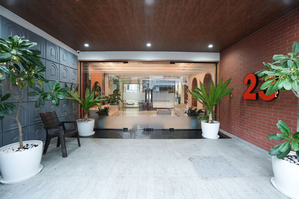 Main entrance of 23 Urban Square serviced apartments in Hyderabad